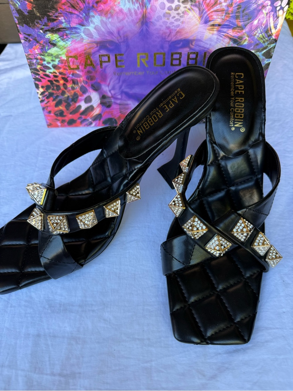 Cape Robbin Black Quilted Heeled Sandals with Gold Pyramid Studs